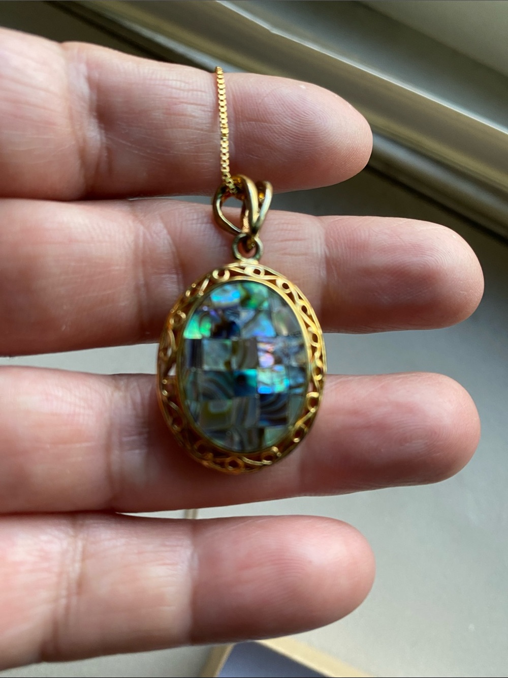 Vintage Gold Abalone Mosaic Pendant Necklace - Iridescent Blue Green Purple